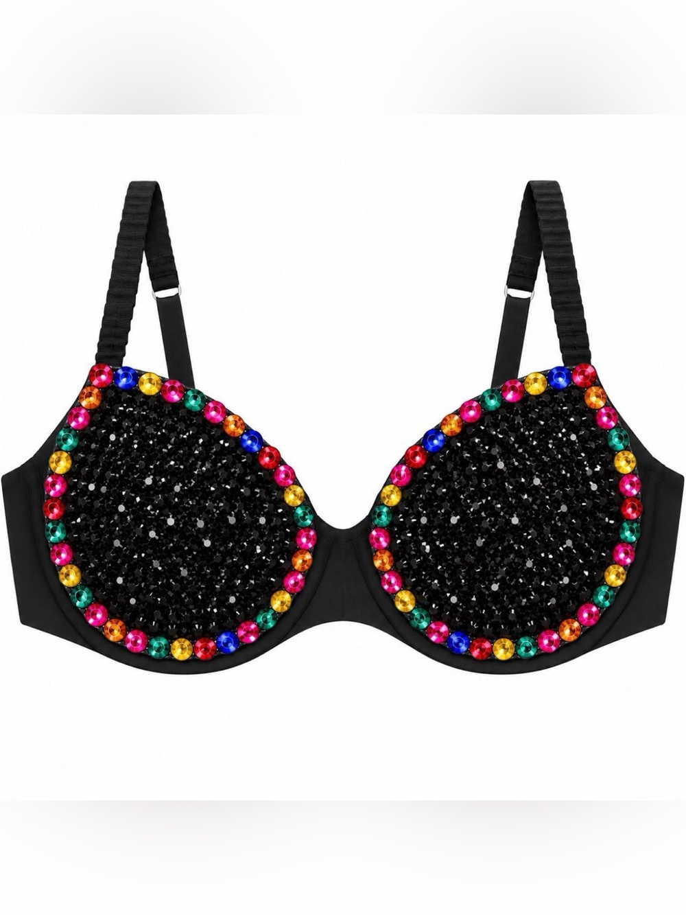34C Jet Black & MultiColour Crystal Glam Fancy Bling Wireless Bra Top New